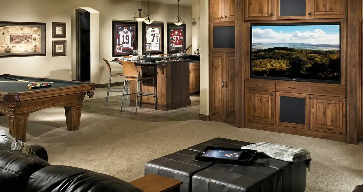 finished basement remodeling project transforming a basement into a comfortable living space in West Palm Beach, FL