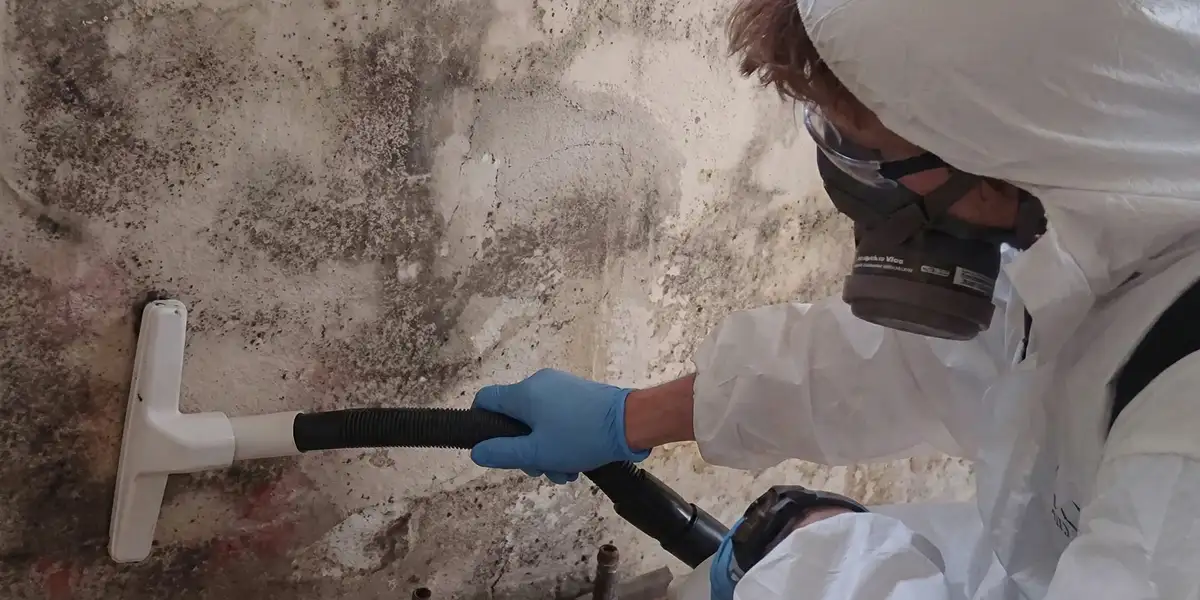 professional mold removal technician wearing protective equipment removing mold from a wall in West Palm Beach, FL